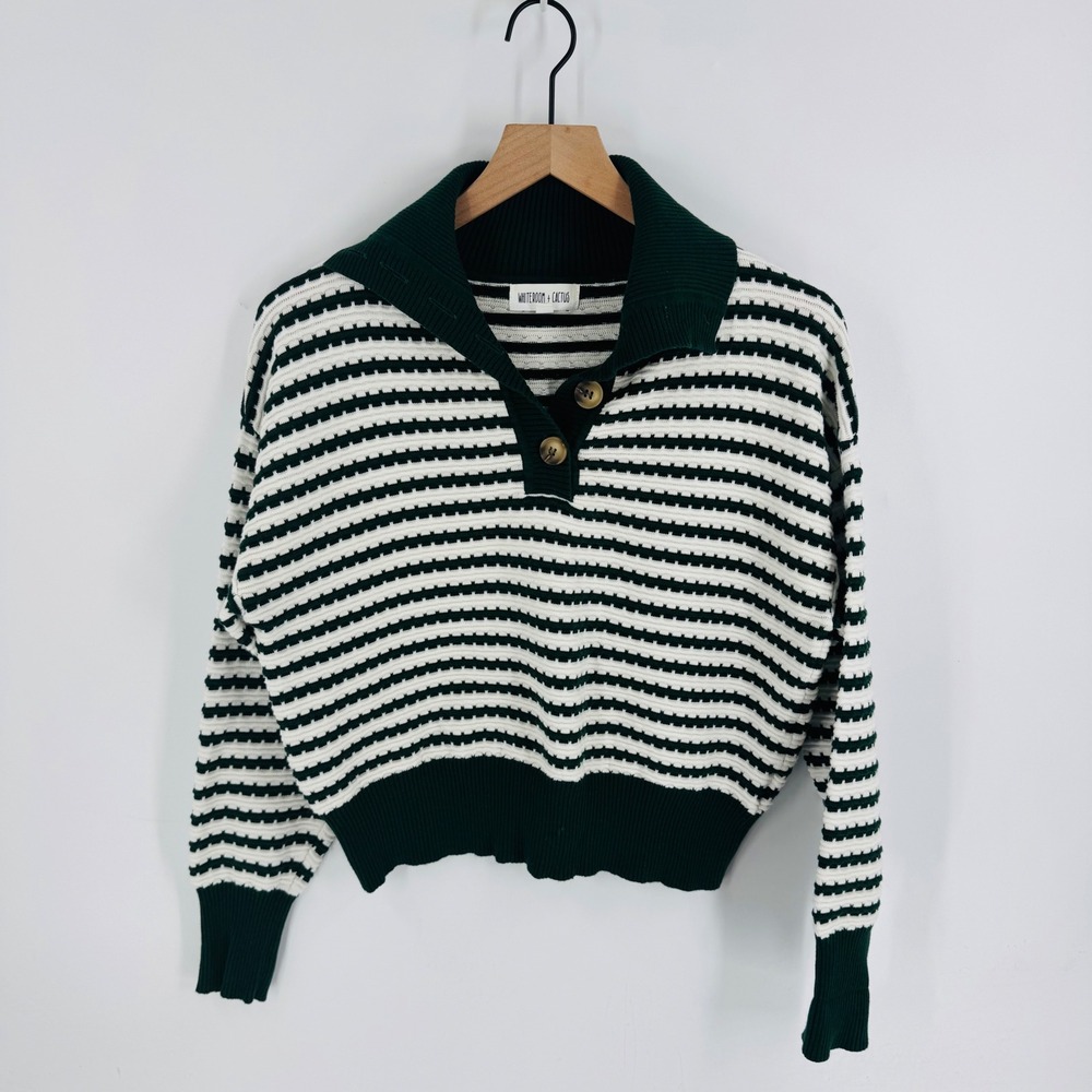 Whiteroom + Cactus Green White Cotton‎ Polo Sweater Size S Preppy Nautical